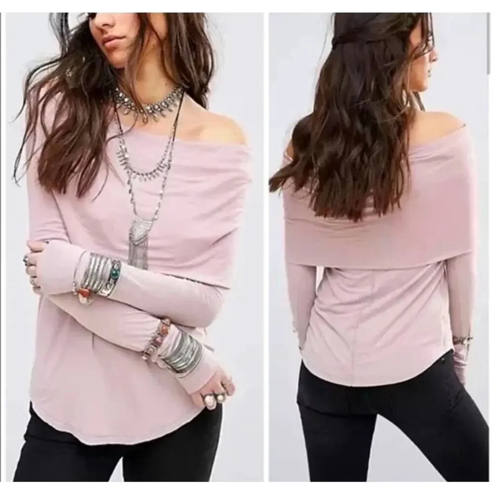 Free People Pink Cosmo Cowl Neck XS Off Shoulder Long Sleeve Lightweight